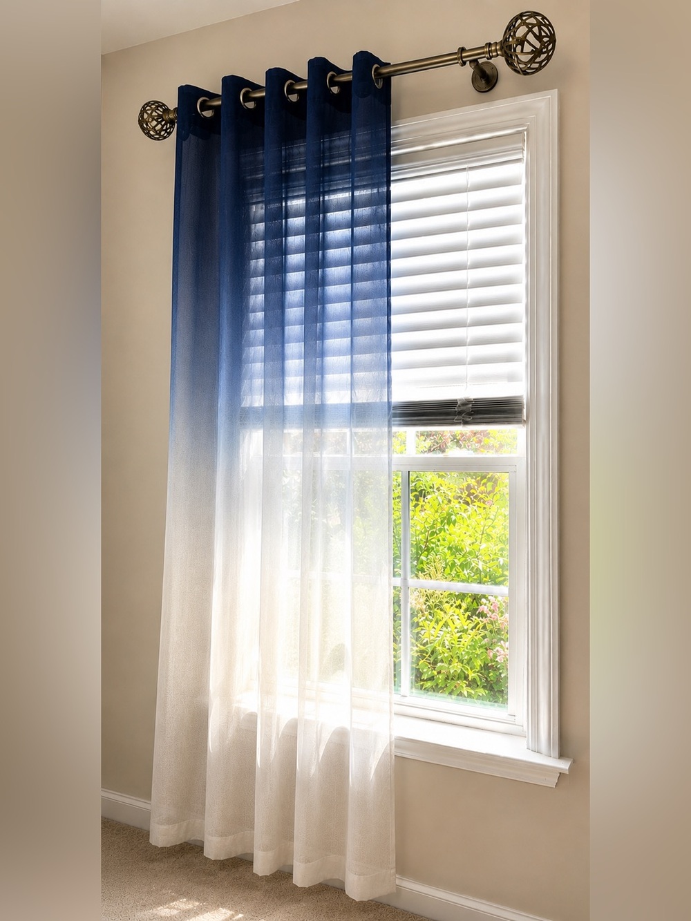 Blue Ombre Sheer Window Curtain Panel 53x77 Grommet Top Modern Gradient- 2 pc
